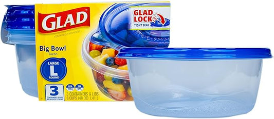 Glad GladWare Big Bowl Food Storage Containers with Lids, Large Round BPA Free Plastic Containers for Soups, Salads, and Meal Prep, Lock Tight Seal, Microwave Dishwasher Safe, 48 Oz, 3 Count