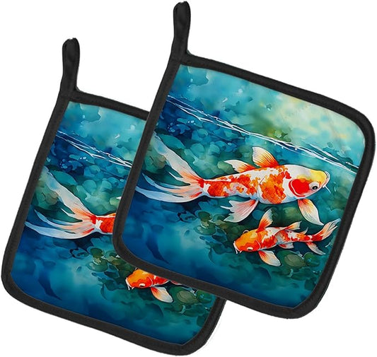 Caroline's Treasures Koi Fish Pair of Pot Holders Kitchen Heat Resistant Pot Holders Sets Oven Hot Pads for Cooking Baking BBQ, 7 1/2 x 7 1/2