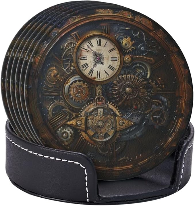 Steampunk Clocks Leather Drinks Coasters with Holder, Set of 6, Suitable for Various Cups