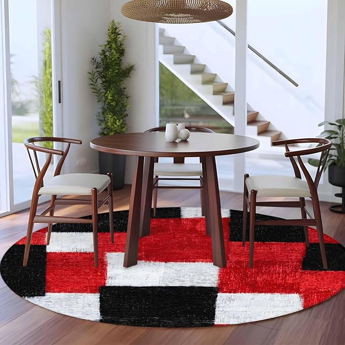 Washable Round Area Rug Red Black White Gradient Circle Rugs Floor Carpet for Living Room Bedroom, Abstract Color Block Soft Non Slip Round Rug 5ft