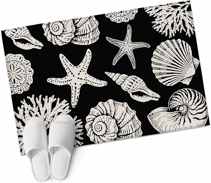 Area Rug 2x3ft, Marine Starfish Shell Conch Washable Rugs for Living Room Bedroom, Ocean Life on Black Soft Non-Slip Area Rugs Rectangle Floor Carpet for Dining Room