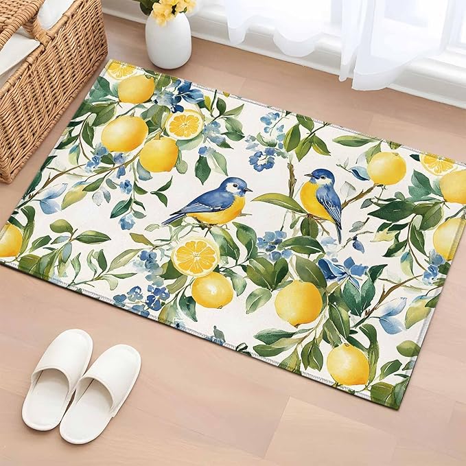 Area Rug 2x3ft, Pastoral Vintage Lemon Blue Bird Washable Rugs for Living Room Bedroom, Retro Yellow Fruit Flowers Soft Non-Slip Area Rugs Rectangle Floor Carpet for Dining Room