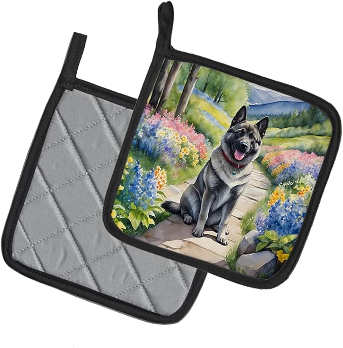 Caroline's Treasures Norwegian Elkhound Spring Path Pair of Pot Holders Kitchen Heat Resistant Pot Holders Sets Oven Hot Pads for Cooking Baking BBQ, 7 1/2 x 7 1/2