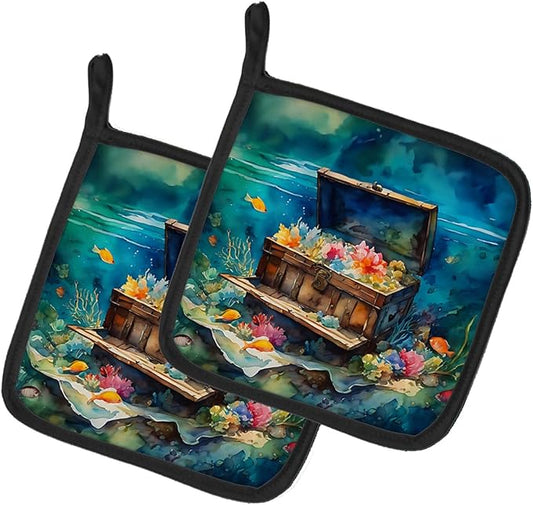 Caroline's Treasures Treasure Chest Pair of Pot Holders Kitchen Heat Resistant Pot Holders Sets Oven Hot Pads for Cooking Baking BBQ, 7 1/2 x 7 1/2