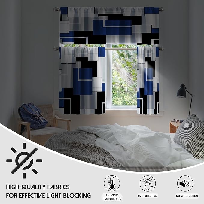 MCALK Navy Blue Blackout Kitchen Curtains Tiers and Valances for Windows, Geometric Modern Art Kitchen Window Curtains, Grey and Black Valances for Living Room (36" Tiers Set)