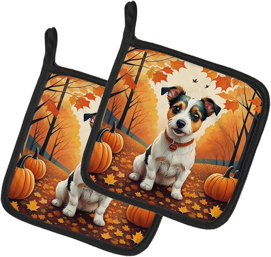 Caroline's Treasures DAC1051PTHD Jack Russell Terrier Fall Pair of Pot Holders Kitchen Heat Resistant Pot Holders Sets Oven Hot Pads for Cooking Baking BBQ, 7 1/2 x 7 1/2