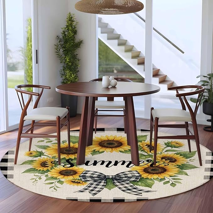 Washable Round Area Rug Summer Words Farm Sunflowers Circle Rugs Floor Carpet for Living Room Bedroom, Butterflies Country Floral Soft Non Slip Round Rug 5ft