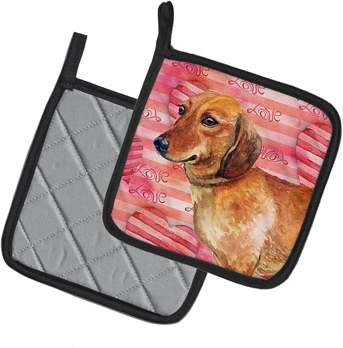 Caroline's Treasures BB9739PTHD Dachshund Love Pair of Pot Holders, Red Kitchen Heat Resistant Pot Holders Sets Oven Hot Pads for Cooking Baking BBQ, 7 1/2 x 7 1/2