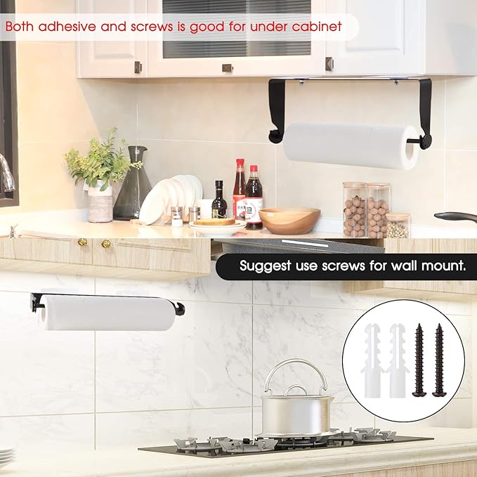 PHUNAYA Under Cabinet Paper Towel Holder Wall Mount for Home Kitchen,Stainless Steel for Large Rolls-Black