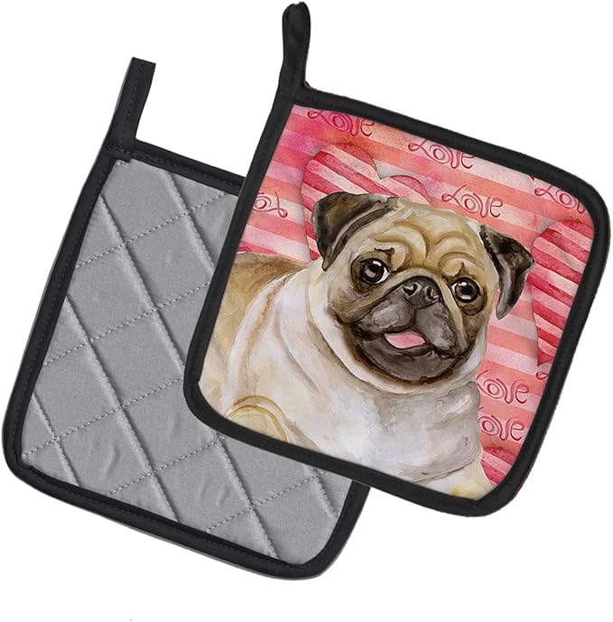 Caroline's Treasures BB9805PTHD Fawn Pug Love Pair of Pot Holders, Red Kitchen Heat Resistant Pot Holders Sets Oven Hot Pads for Cooking Baking BBQ, 7 1/2 x 7 1/2