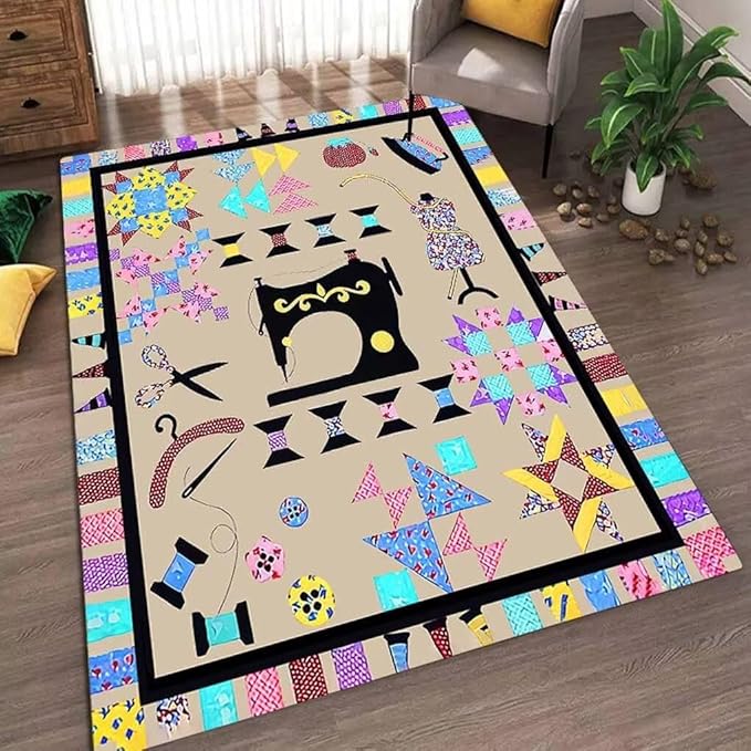 Bohemian Floral Sewing Element Rugs for Entrance Kitchen Non-Slip Abstract Watercolor Sewing Machine Themed Area Rug Dorm Decor Fun Clothing Equipment Print Carpet Mat 3'x5'