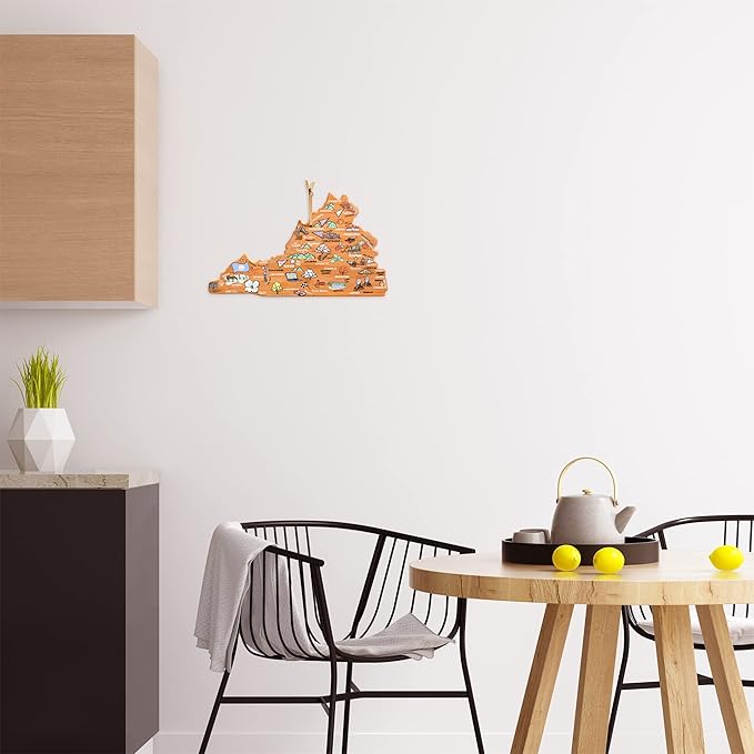 Totally Bamboo Virginia State Shaped Cutting Board and Charcuterie Serving Platter with Artwork by Fish Kiss, Includes Hang Tie for Wall Display