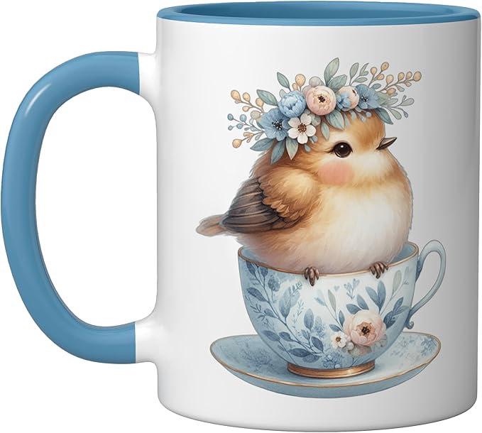Cute Bird Floral Teacup Illustration Ceramic Mug, Blue/White