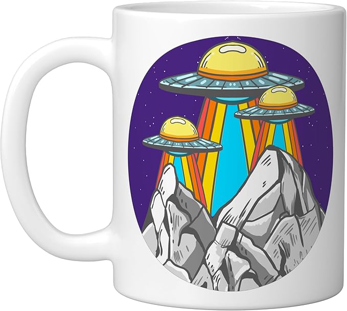 UFO Mountains Retro Spaceship Alien ET Space Galaxy Gift Ceramic Mug, White