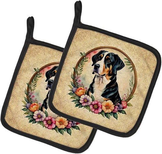 Caroline's Treasures Greater Swiss Mountain Dog and Flowers Pair of Pot Holders Kitchen Heat Resistant Pot Holders Sets Oven Hot Pads for Cooking Baking BBQ, 7 1/2 x 7 1/2