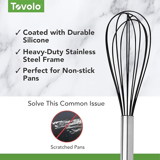Tovolo Whisk 9 Inch Heavy Duty Silicone Wire Stainless Steel Whisker for Cooking Baking Blending Mixing Stirring Whipping Whisking, Dishwasher Safe Multi Function Classic French Wire Whisk, Black