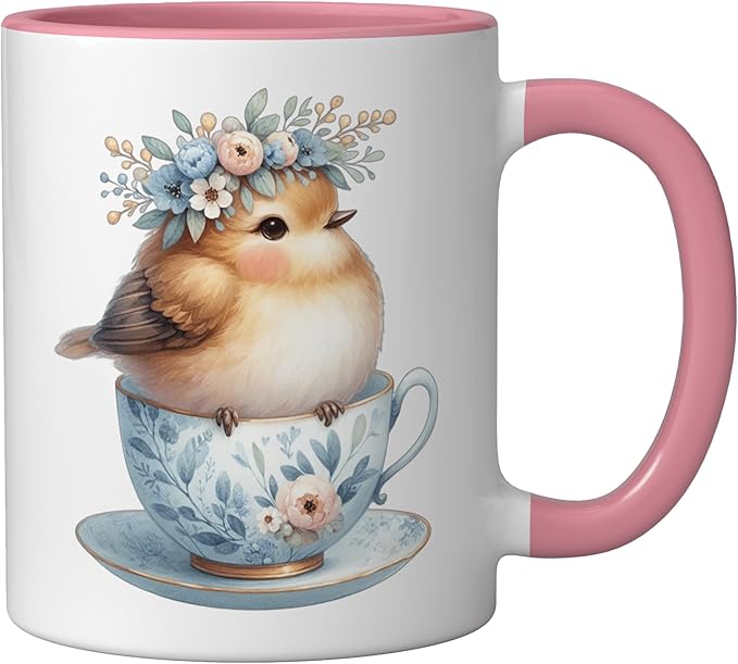 Cute Bird Floral Teacup Illustration Ceramic Mug, Pink/White