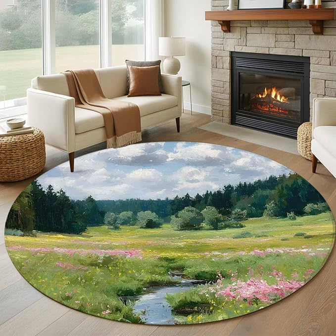 Washable Round Area Rug Watercolor Flowers Leaves Forest Meadow Circle Rugs Floor Carpet for Living Room Bedroom, Oil Paint Texture Soft Non Slip Round Rug 5ft