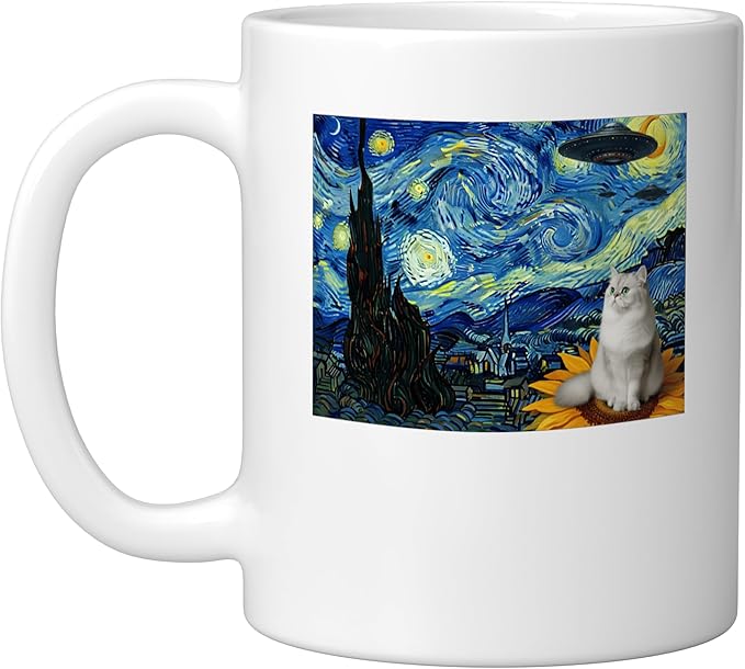 Cosmic Cat on Sunflower Space UFO Night for Men Women Ceramic Mug, White