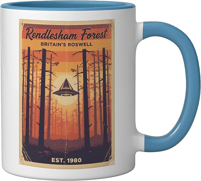Rendlesham Forest UFO Alien Vintage UK Flying Saucer Ceramic Mug, Blue/White
