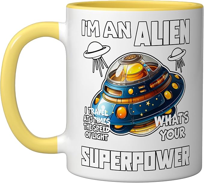 I'm An Alien I Travel Speed Of Light Space Apparel Ceramic Mug, Yellow/White