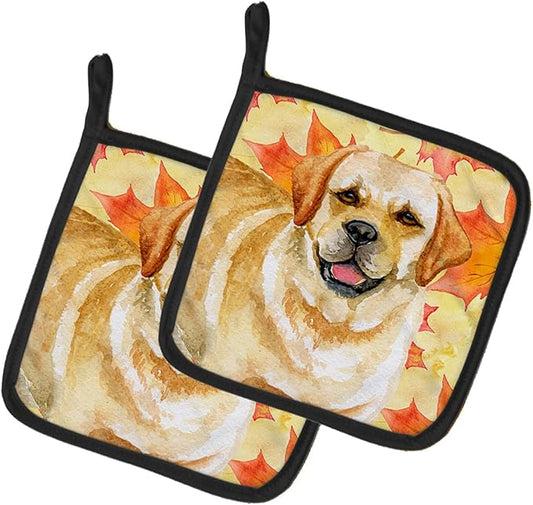 Caroline's Treasures BB9925PTHD Golden Retriever Fall Pair of Pot Holders, Yellow Kitchen Heat Resistant Pot Holders Sets Oven Hot Pads for Cooking Baking BBQ, 7 1/2 x 7 1/2