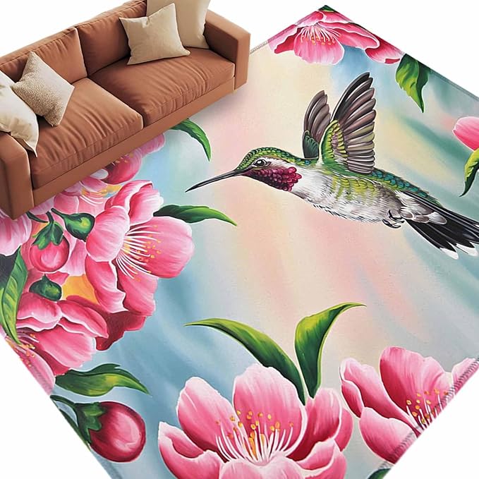 Area Rug 6x9ft, Hummingbird Flower Peach Blossom Washable Rugs for Living Room Bedroom, Nature Oil Painting Art Soft Non-Slip Area Rugs Rectangle Floor Carpet for Dining Room