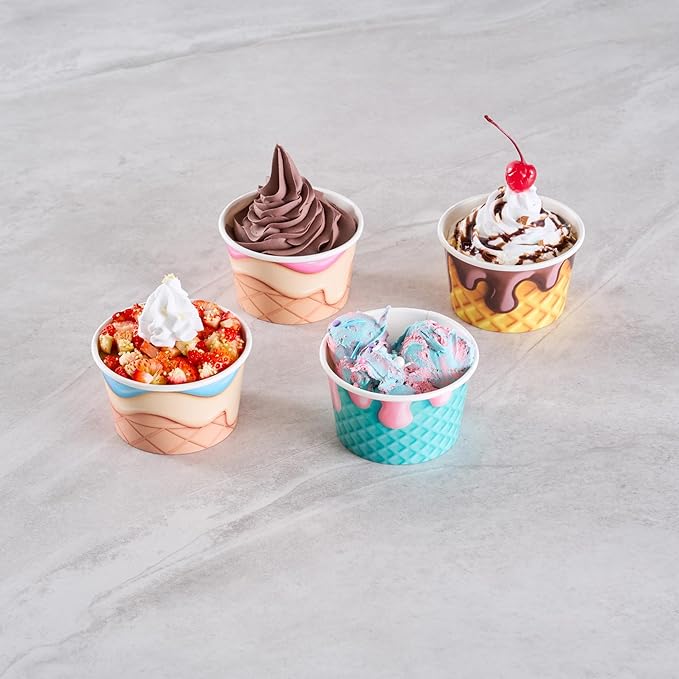 Restaurantware Paper Cups 200 Count 8 Ounce Square Disposable Ice Cream Containers, Leak-Resistant Paper Dessert To Go Cups, Hot And Cold Food, Durable Assorted Cone Design