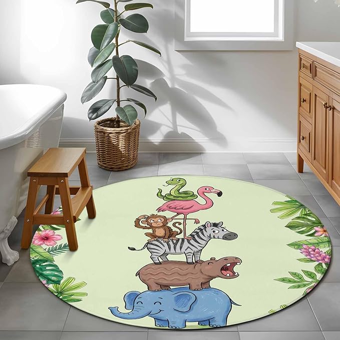 Washable Round Area Rug Funny Elephant Zebra Flamingo Circle Rugs Floor Carpet for Living Room Bedroom, Tropical Leaves Floral Soft Non Slip Round Rug 4ft