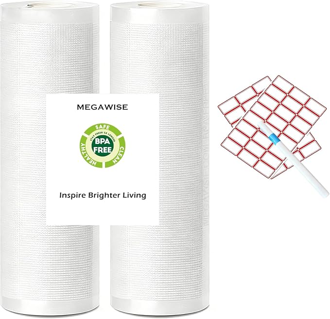 MEGAWISE Vacuum Sealer Bag Rolls with Labels & Marker, 2 Rolls 8 inch wide × 16.4 Feet Long BPA-Free Embossed Vacuum Rolls for All Vacuum Sealers