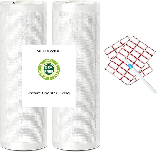 MEGAWISE Vacuum Sealer Bag Rolls with Labels & Marker, 2 Rolls 8 inch wide × 16.4 Feet Long BPA-Free Embossed Vacuum Rolls for All Vacuum Sealers