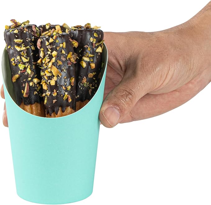 Bio Tek 12 Ounce French Fry Containers, 100 Disposable Charcuterie Cups - Incline Design, Round, Turquoise Paper French Fry Cups, Stackable, For Waffles, Chips, or Popcorn - Restaurantware