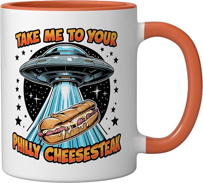 Take Me to Your Philly Cheesesteak UFO Philly Cheesesteak Ceramic Mug, Orange/White