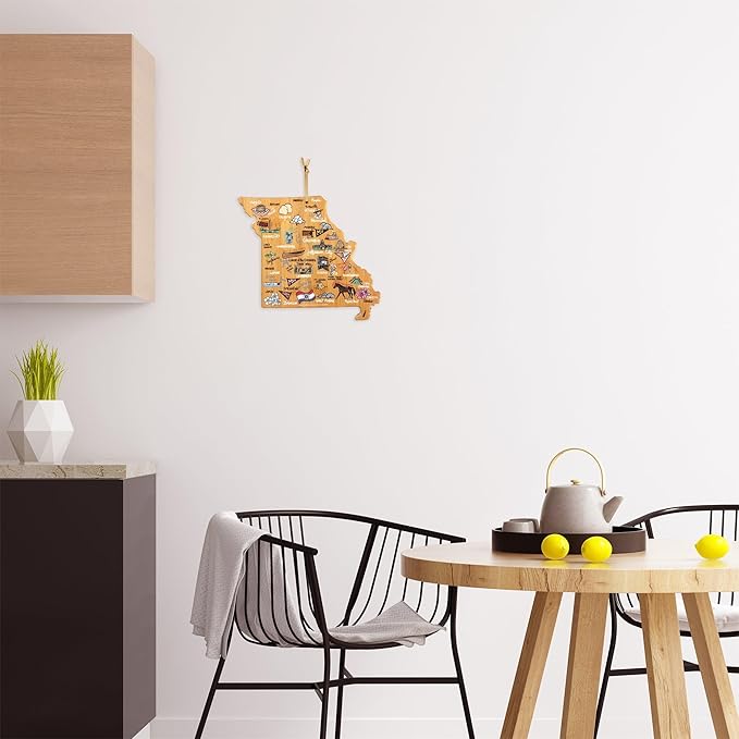 Totally Bamboo Missouri State Shaped Cutting Board and Charcuterie Serving Platter with Artwork by Fish Kiss, Includes Hang Tie for Wall Display