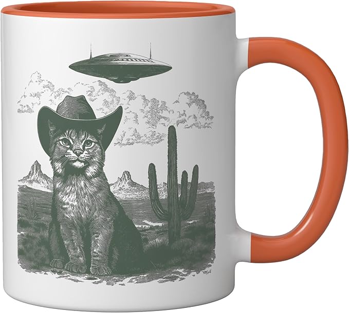 Feline in Hat UFO Sighting Arid Wilderness Cat Design Ceramic Mug, Orange/White