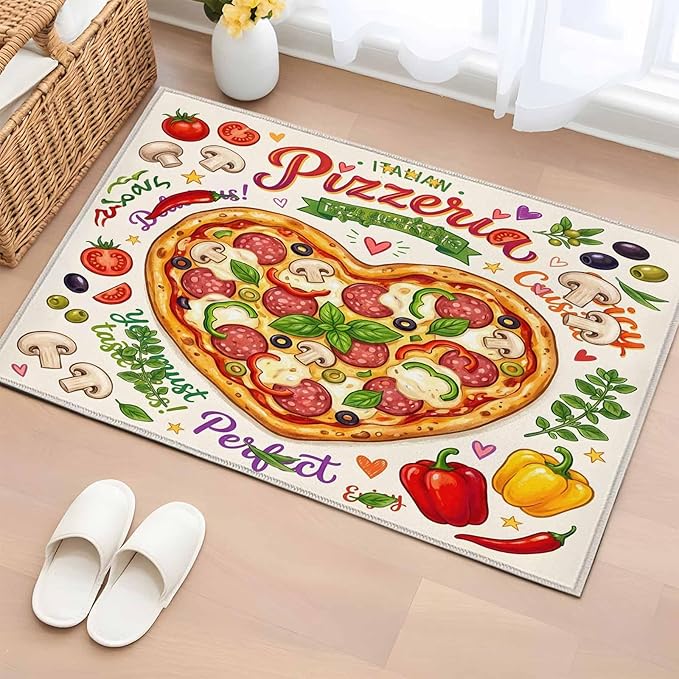 Area Rug 2x3ft, Cartoon Pizza Watercolor Graffiti Washable Rugs for Living Room Bedroom, Farmhouse Vegetable Leaves Soft Non-Slip Area Rugs Rectangle Floor Carpet for Dining Room