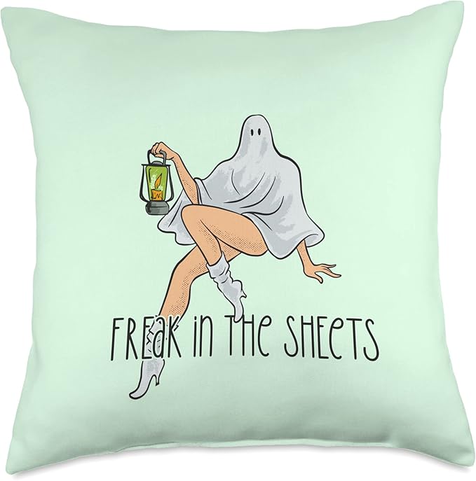 FREAK IN THE SHEETS Funny Sexy Ghost Costume Halloween Meme Throw Pillow