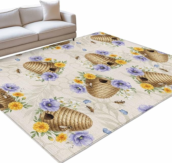 Area Rug 3x5ft, Garden Beehives Honeybees Washable Rugs for Living Room Bedroom, Country Purple Floral Soft Non-Slip Area Rugs Rectangle Floor Carpet for Dining Room