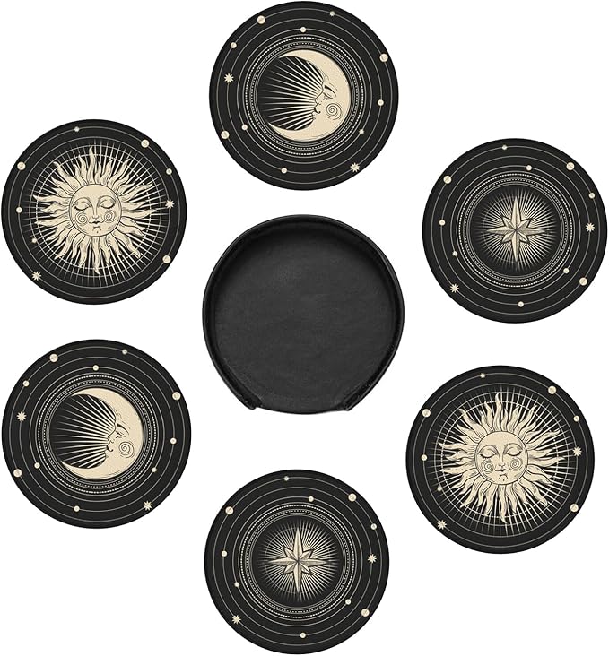 Sun Star Moon Leather Drinks Coasters with Holder, Set of 6, Suitable for Various Cups