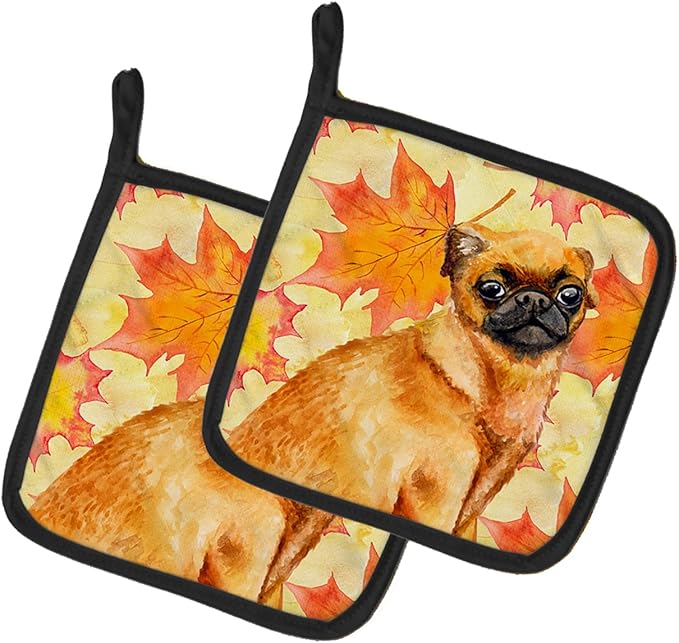 Caroline's Treasures BB9928PTHD Small Brabant Griffon Fall Pair of Pot Holders, Yellow Kitchen Heat Resistant Pot Holders Sets Oven Hot Pads for Cooking Baking BBQ, 7 1/2 x 7 1/2