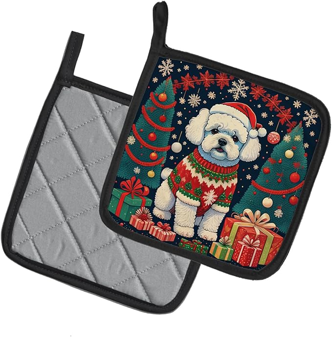 Caroline's Treasures Bichon Frise Christmas Pair of Pot Holders Kitchen Heat Resistant Pot Holders Sets Oven Hot Pads for Cooking Baking BBQ, 7 1/2 x 7 1/2