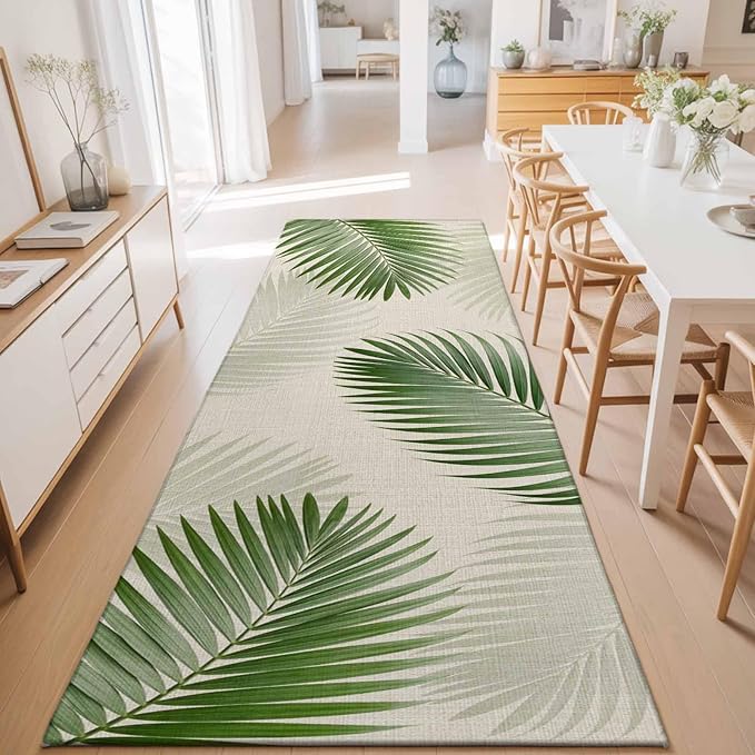 Runner Rug for Bedroom Hallway, Rustic Sage Green Palm Leaves on Linen Kitchen Runner Rugs Area Rug 2x6ft, Summer Plants Washable Soft Floor Carpet for Entryway Stair