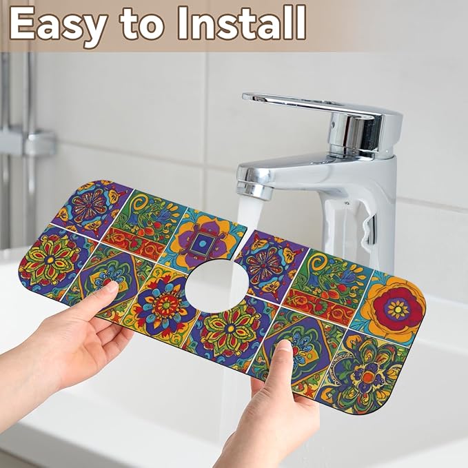 Bohemian Absorbent Sink Faucet Mat, ﻿Mexican Tiles Kitchen Faucet Mat, Sink Splash Guard, for Bathroom Kitchen Sink Splash Guard Drying Mat, Exotic Home Decor, 15.4"x5.7"