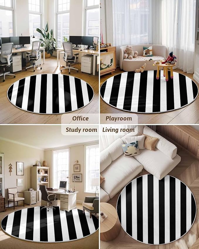 Round Area Rug,Black and White Stripe Circle Living Room Rug Non-Slip Rugs Indoor Carpet,Geometric Modern Minimalist Art Soft Comfort Rugs for Bedroom KidsRoom Nursery