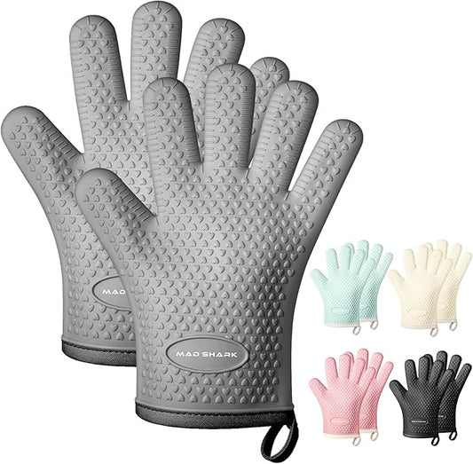 MAD SHARK Silicone Oven Mitts Heat Resistant 450°F,Waterproof & Non-Slip Oven Gloves with Fingers,Cotton Lined Silicone Oven Gloves Kitchen Mitts for Baking Cooking Barbecue,Women,Oven (GREY1)