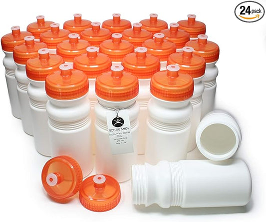 Rolling Sands Reusable Bulk Water Bottles 24 Pack - 20 Oz Sports Water Bottles, USA Made, BPA-Free, Wide Mouth for Easy Cleaning, Dishwasher Safe, Break Resistant - White Bottle/Orange Lid