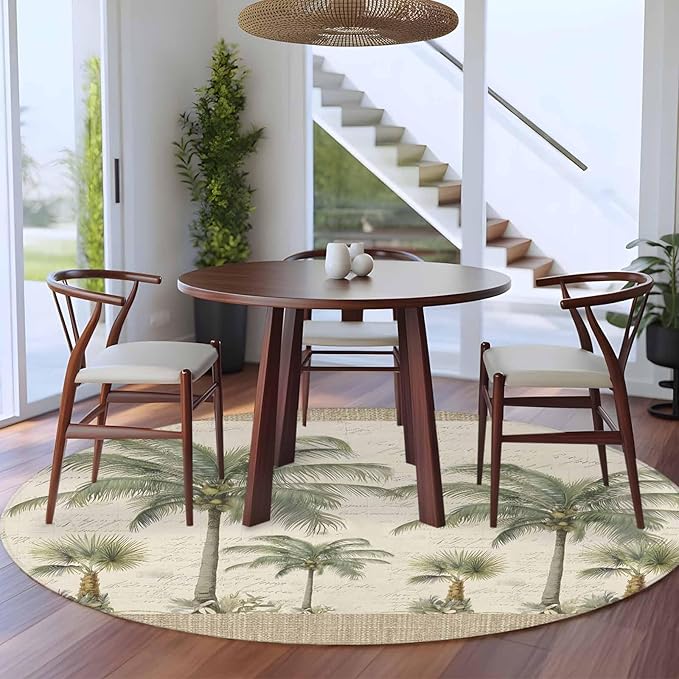 Washable Round Area Rug Coastal Tropical Olive Green Palm Trees Circle Rugs Floor Carpet for Living Room Bedroom, Classic Retro Linen Soft Non Slip Round Rug 5ft