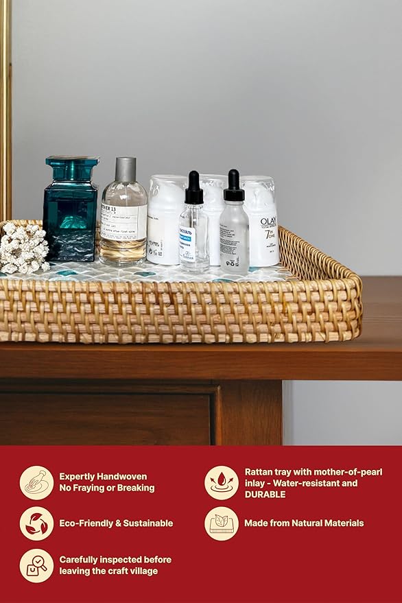 Rattan Rectangle Tray with Mother of Pearl Inlay, Unique Decorative and Serving Tray for Outdoor,Bathroom, Kitchen, Vanity, Perfume, or Coffee Table (Combo Fin 13"&11.8")