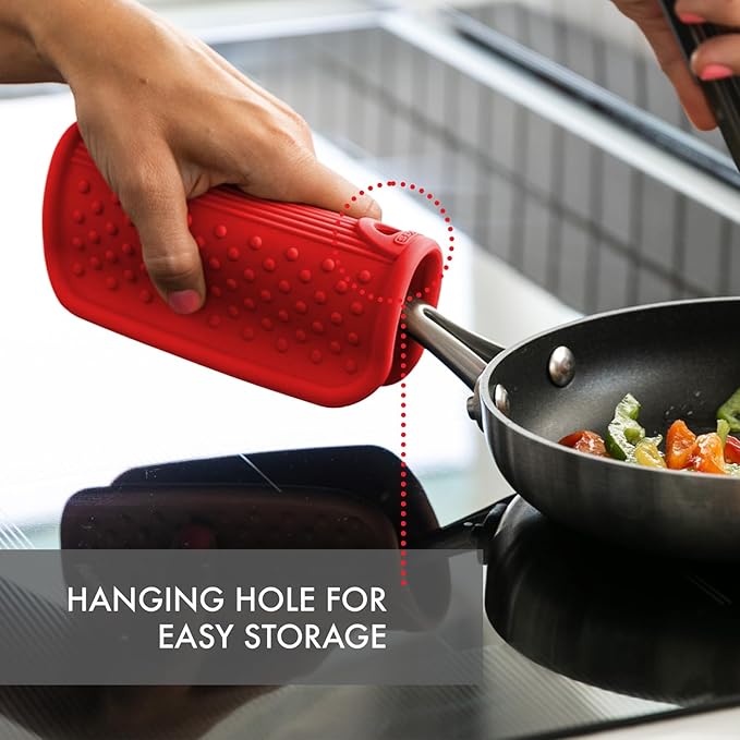 Dexas Silicone Pot Handle Holder, Heat Resistant Non Slip Grip for Hot Cookware Handles, Dishwasher Safe Kitchen Accessory, Red