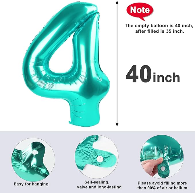 40 Inch Large Numbers Balloon, 4 Blue-green Ballon for 4th 14 40 44 Birthday Party, Balloon 4 Number for Graduations Wedding Supplies